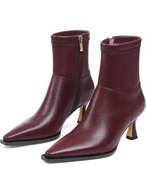 Women's Burgundy Ankle Boots Kitten Heel Booties Short Boots Pointed Toe Boots